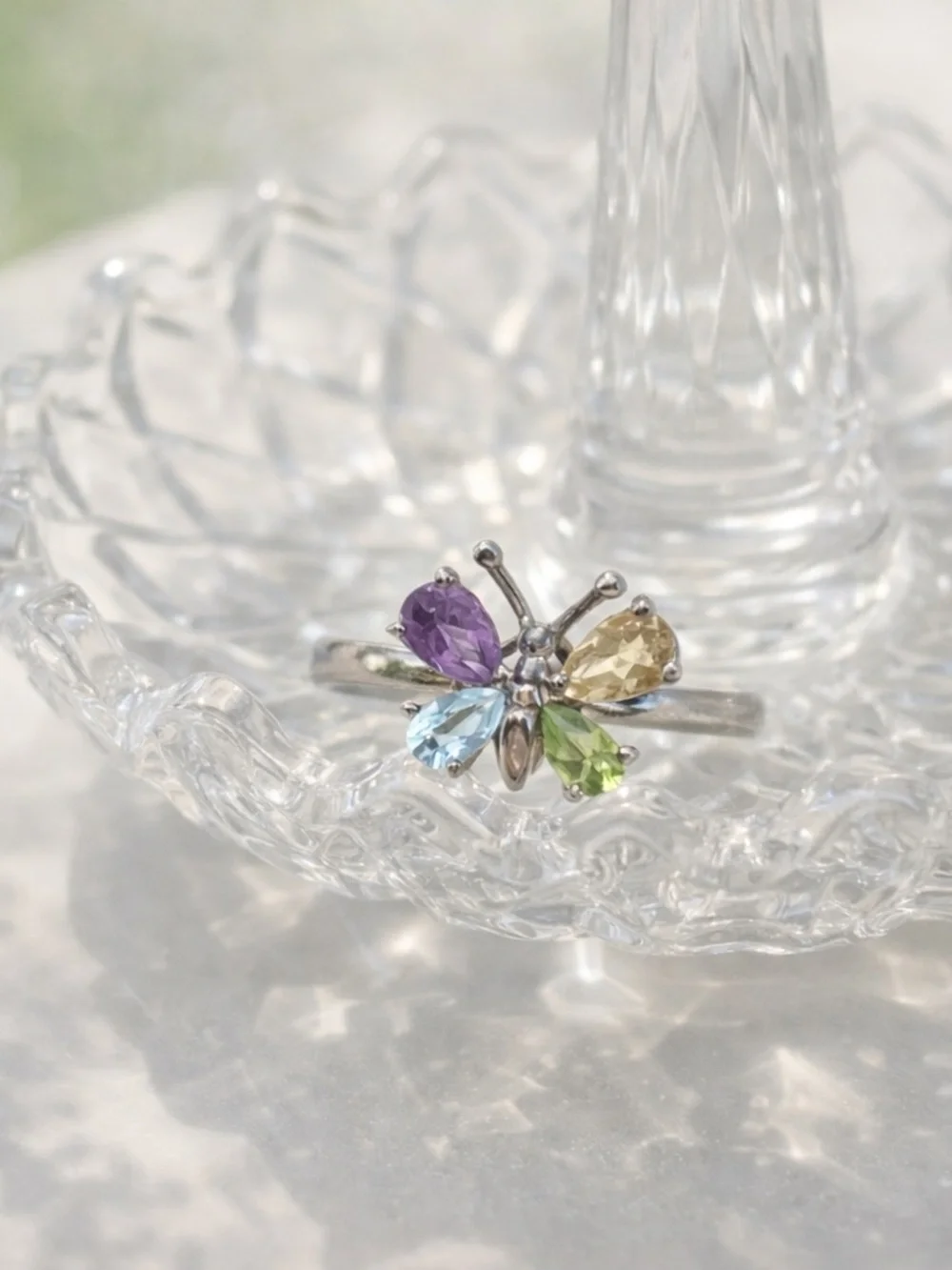 Sterling Butterfly Ring with Semi‑Precious Gemstones — Size 6.5